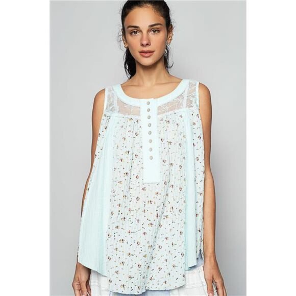 POL Floral Print Button-Front Lace Patchwork Tank Top - Picture 1 of 3